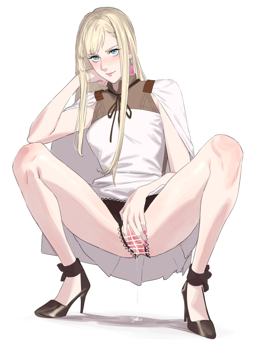 1girl absurdres ankle_ribbon arm_rest bar_censor black_footwear black_panties blonde_hair blue_eyes blush breasts brown_ribbon cape censored crotchless crotchless_panties earrings full_body gigi_andalusia gundam gundam_hathaway's_flash hand_on_own_face head_tilt high_heels highres jewelry lace-trimmed_panties lace_trim leg_ribbon long_hair looking_past_viewer nail_polish neck_ribbon no_pants panties parted_bangs pink_lips pink_nails pussy pussy_juice pussy_juice_puddle ribbon shirt sidelocks simple_background skinny sleeveless sleeveless_shirt small_breasts smile solo spread_pussy squatting thighs triangle_earrings underwear white_background white_cape white_shirt yukotaruma