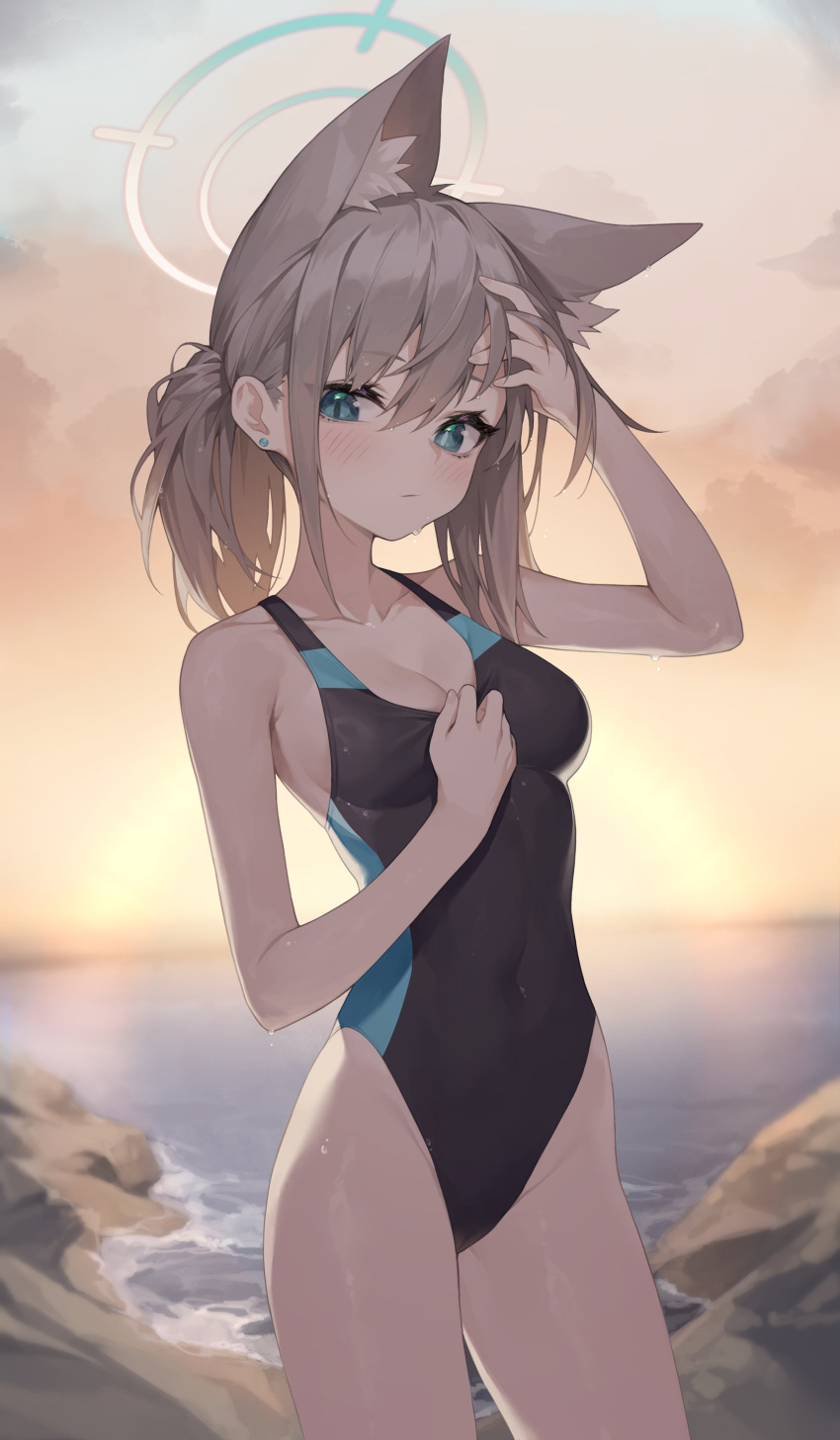 1girl absurdres animal_ear_fluff animal_ears arms_behind_head black_one-piece_swimsuit blue_archive blue_eyes breasts cleavage commentary competition_swimsuit contrapposto covered_navel cross_hair_ornament extra_ears grey_hair hair_ornament halo highres horizon low_ponytail medium_breasts medium_hair mismatched_pupils mokew multicolored_clothes multicolored_swimsuit ocean official_alternate_costume one-piece_swimsuit rock shiroko_(blue_archive) shiroko_(swimsuit)_(blue_archive) solo sunset swimsuit wolf_ears