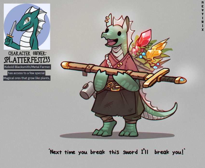 :d absurdres artist_name basket dragon earrings english_text furry gem gender_request hammer highres holding holding_sword holding_weapon jewelry neytirix open_mouth original sheath sheathed smile standing sword weapon