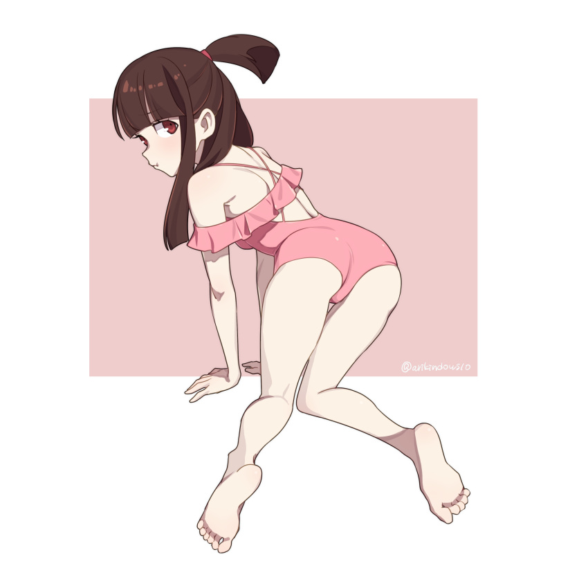 1girl absurdres all_fours arikindows10 ass barefoot bent_over bikini brown_hair commission from_behind highres kagari_atsuko little_witch_academia long_hair looking_at_viewer pink_bikini pixiv_commission puffy_cheeks red_eyes short_ponytail single_sidelock solo swimsuit