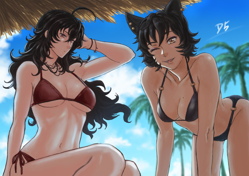 2girls absurdres ahoge animal_ears bikini blue_sky breasts cat_ears commentary_request day drill_(emilio) highres kali_belladonna large_breasts mature_female multiple_girls one_eye_closed palm_tree panties raven_branwen redrawn rwby sky string_bikini string_panties swimsuit tree underwear