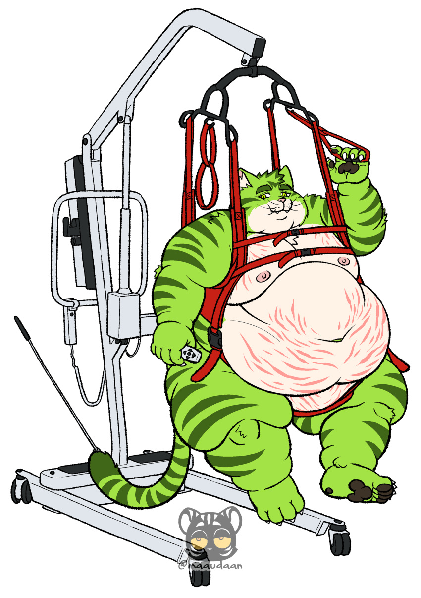 absurd_res anthro domestic_cat felid feline felis green_body hi_res hoyer_lift humanoid maaudaan_tg male mammal morbidly_obese morbidly_obese_anthro morbidly_obese_male obese obese_anthro obese_male overweight overweight_anthro overweight_male solo tabby_cat