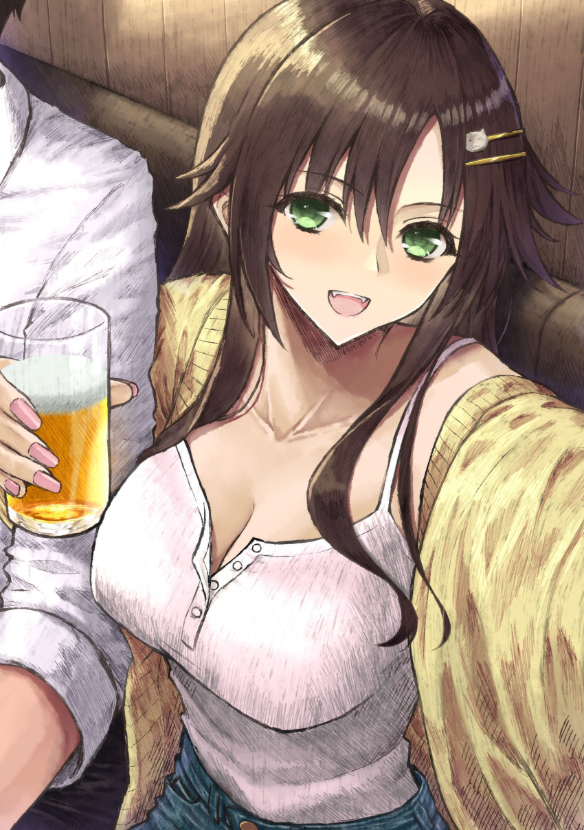 1boy 1girl absurdres alcohol aramachi arm_hug beer blush breasts brown_hair camisole cardigan cleavage collarbone commentary_request cup denim fingernails highres himekawa_yuki holding holding_cup idolmaster idolmaster_cinderella_girls large_breasts looking_at_viewer nail_polish selfie shirt sidelocks smile solo_focus white_camisole white_shirt yellow_cardigan