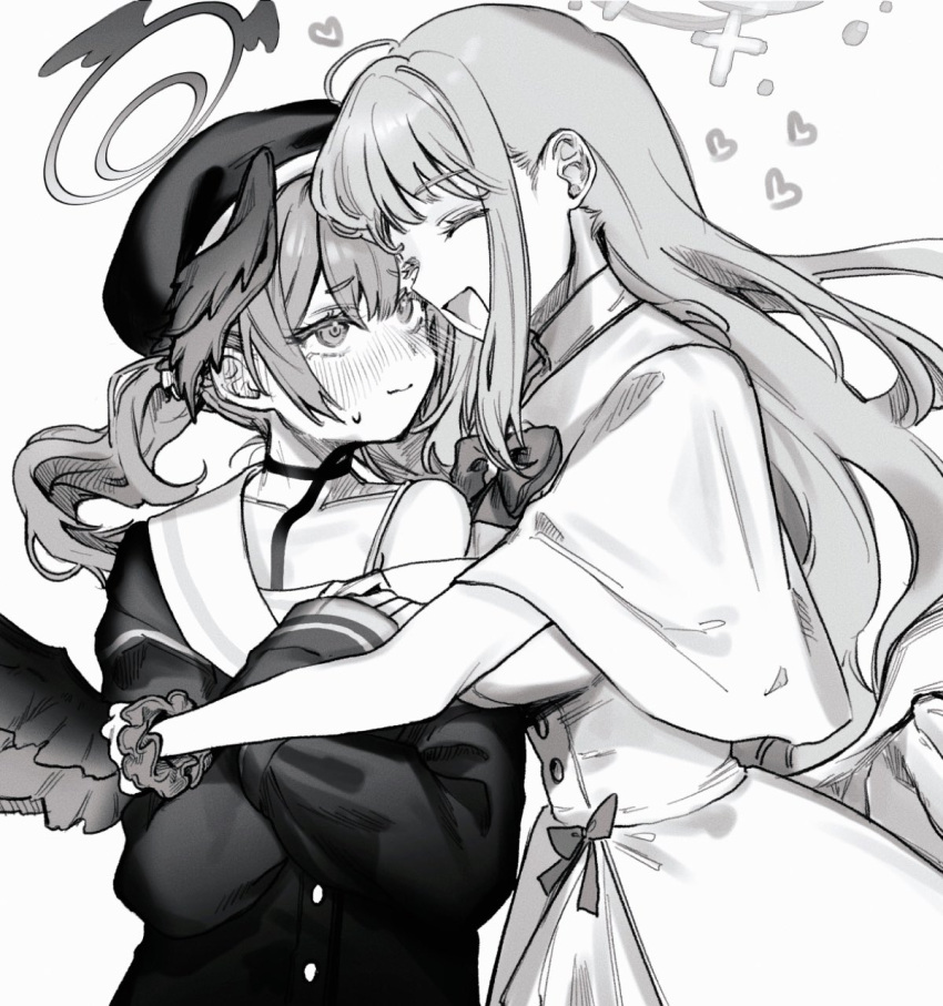 2girls angel_wings beret blue_archive blush capelet cardigan closed_eyes closed_mouth collarbone ear_blush embarrassed feathered_wings greyscale halo hat head_wings heart highres koharu_(blue_archive) long_hair looking_at_another low_twintails medium_hair mika_(blue_archive) monochrome multiple_girls nose_blush off_shoulder open_mouth sailor_collar scrunchie sidelocks simple_background smile sweatdrop tsuno_(tnngur) twintails upper_body very_long_hair wavy_mouth white_background wings wrist_scrunchie yuri