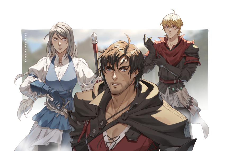 absurdres artist_name black_hair blonde_hair blurry blurry_background clive_rosfield clothes fantasy final_fantasy final_fantasy_xvi gloves highres holding holding_sword holding_weapon jill_warrick joshua_rosfield long_hair medieval multiple_swords scar shirt short_hair silketara sword weapon