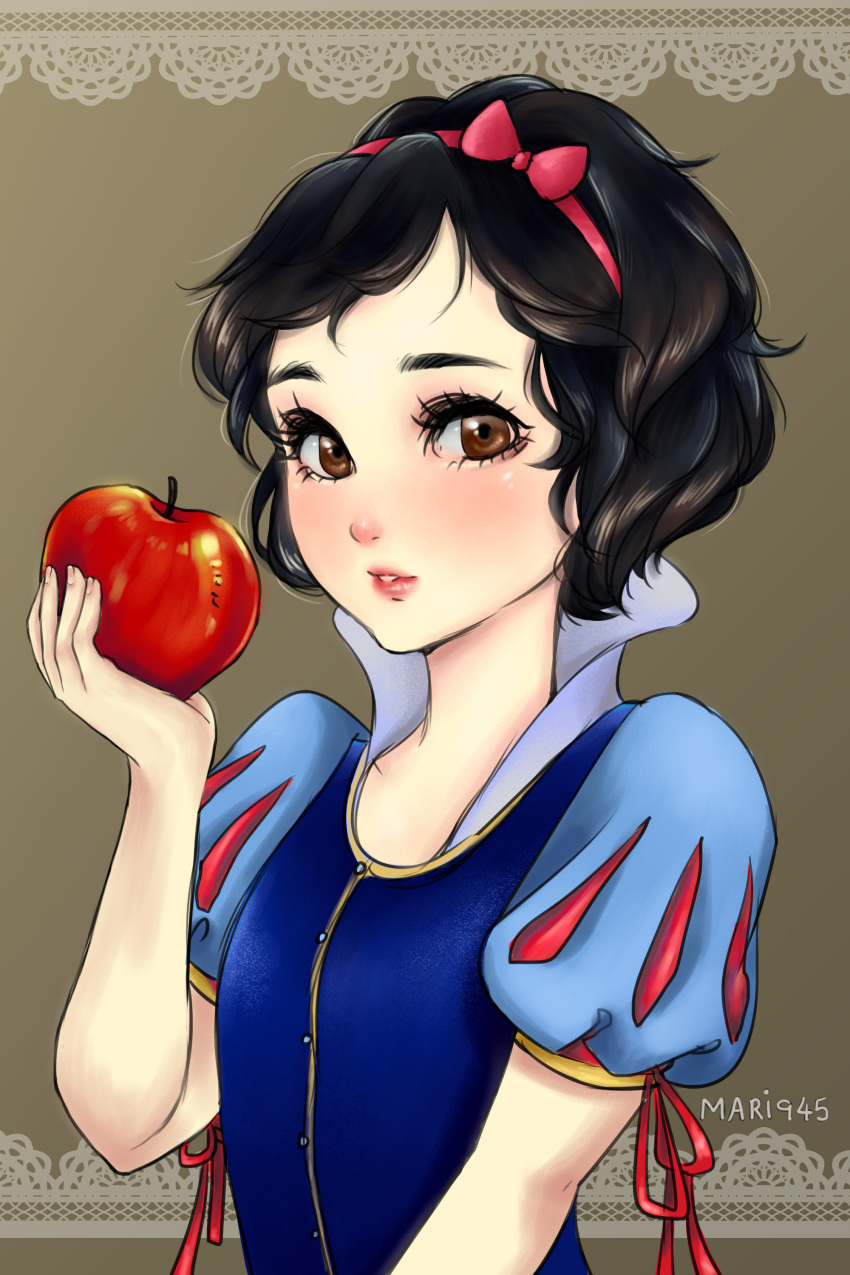 1girl absurdres apple artist_name black_hair blue_dress blush bow brown_eyes dress food fruit hair_bow highres holding holding_food holding_fruit looking_at_viewer mari945 medium_hair red_apple red_bow snow_white_(disney) snow_white_and_the_seven_dwarfs upper_body watermark