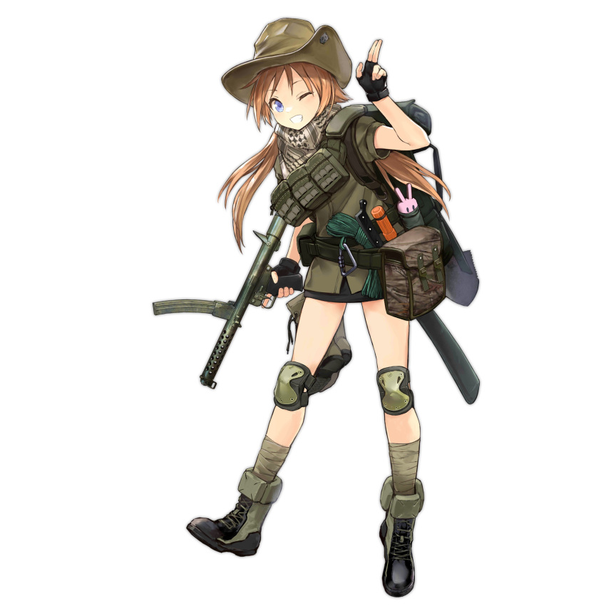 1girl backpack bag bandaged_leg bandages black_footwear blue_eyes brown_hair brown_shirt cowboy_hat f1_(girls'_frontline) f1_(gun) fingerless_gloves flashlight full_body girls'_frontline gloves green_footwear griffin_&amp;_kryuger grin gun harness hat highres holding holding_gun holding_weapon keffiyeh kisetsu knee_pads load_bearing_equipment long_hair looking_at_viewer machete mod3_(girls'_frontline) official_art one_eye_closed pouch salute shirt short_sleeves shovel simple_background smile solo standing submachine_gun transparent_background trigger_discipline twintails two-finger_salute two-tone_footwear weapon