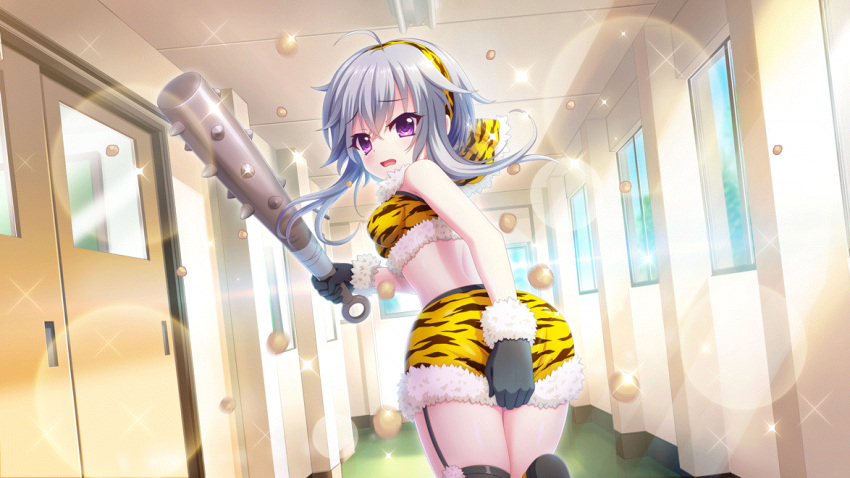 1girl ahoge animal_print ass beans black_garter_straps black_gloves black_thighhighs blue_sky club_(weapon) covering covering_ass day dot_nose dutch_angle film_grain from_behind fur_trim game_cg garter_straps gloves grey_hair hallway holding_club ichijou_ruka indoors izumi_tsubasu lens_flare looking_at_viewer looking_back miniskirt non-web_source official_art oni_costume open_mouth print_hairband print_skirt purple_eyes re:stage! running school setsubun short_hair_with_long_locks skirt skirt_tug sky sliding_doors solo sparkle spiked_club thighhighs tiger_print weapon white_trim window