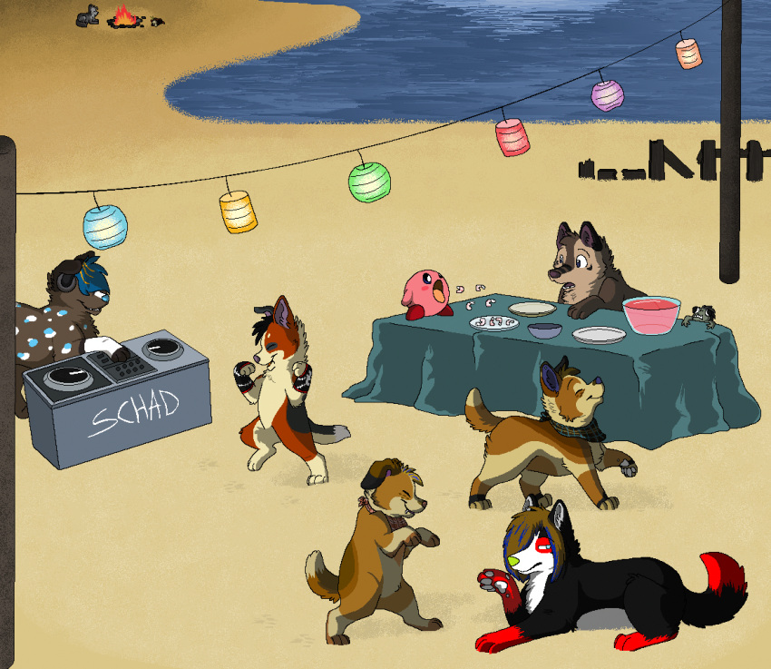 2012 aliasing ambiguous_gender beach beagle beverage black_body black_fur blue_(bluekyokitty) blue_body blue_fur blue_hair blue_highlights blue_nose bluekyokitty border_collie brown_body brown_fur brown_hair brown_nose canid canine canis cel_shading collie dancing day detailed_background digital_drawing_(artwork) digital_media_(artwork) digitigrade disc_jockey dj_table domestic_dog eating emo eyes_closed female_(lore) feral feral_with_hair floppy_ears fuchsia_(fuchsianess) fur furniture green_nose greg_(sebdoggo) hair hair_over_eye hair_over_eyes head_tuft headphones herding_dog highlights_(coloring) hunting_dog kirby kirby_(series) lamp lantern looking_at_another lying male_(lore) mammal miroku_(sebdoggo) mixed_breed narrowed_eyes neckerchief nintendo on_hind_legs one_ear_up one_eye_obstructed open_mouth open_smile outside paper_lantern party pastoral_dog pattern_kerchief pattern_neckerchief pawpads paws pink_body plaid_kerchief plaid_neckerchief punch_(drink) punch_bowl purple_inner_ear purple_nose raised_paw red_body red_fur sand sar_(sebdoggo) scent_hound schadenfreude_(sebdoggo) sea seaside sebdoggo semi-anthro shaded sheepdog shrimp_(food) smile solo standing table tablecloth tail tuft waddling_head water welsh_corgi white_body white_fur white_pawpads wolf