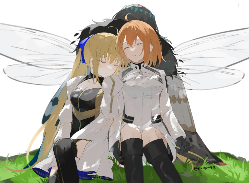 1boy 2girls absurdres ahoge artoria_caster_(fate) artoria_pendragon_(fate) back-to-back black_gloves black_hair black_thighhighs blonde_hair blue_ribbon boots breasts cleavage closed_eyes diamond_hairband dragonfly_wings eyelashes fate/grand_order fate_(series) fujimaru_ritsuka_(female) gloves highres long_hair long_sleeves multiple_girls oberon_(fate) oberon_(third_ascension)_(fate) on_grass orange_hair parted_lips ribbon romo827 short_hair simple_background sitting solo thighhighs twitter_username very_long_hair white_background