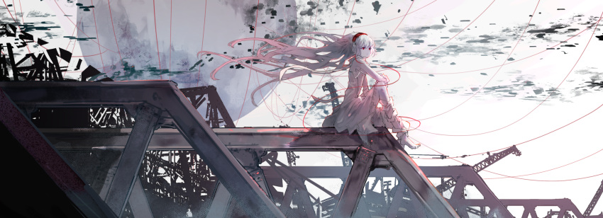 1girl arcaea barefoot commentary_request crane_(machine) dress expressionless floating_hair headphones highres hikari_(arcaea) ken1212ab long_hair red_eyes scenery sitting solo very_long_hair white_dress white_hair