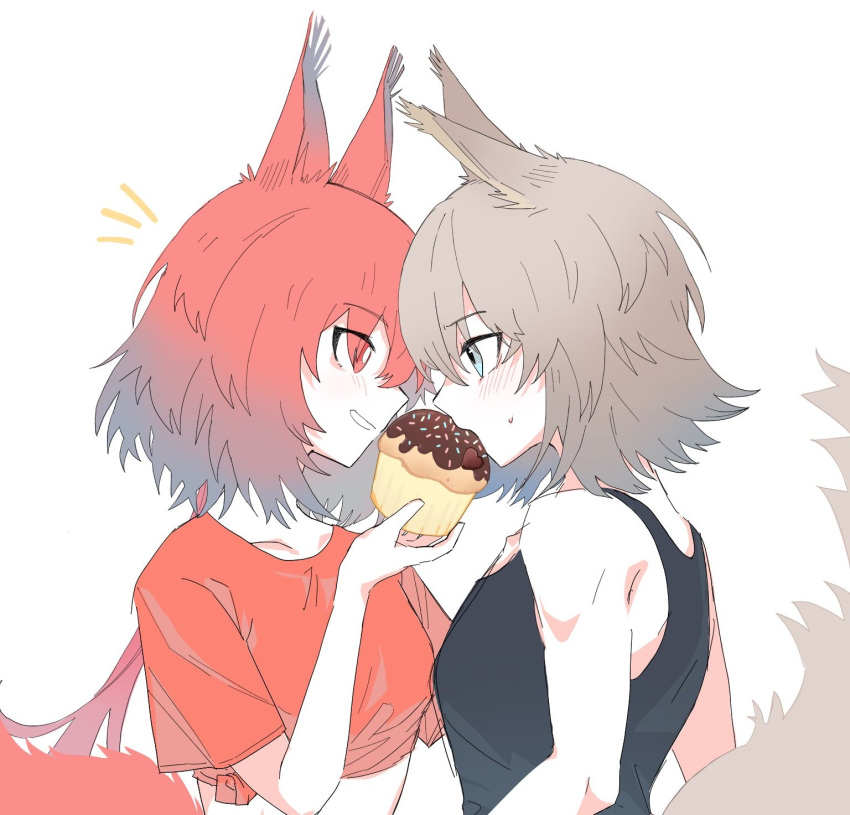 2girls animal_ears arknights ashlock_(arknights) black_tank_top blush cropped_shirt cupcake eye_contact feeding flametail_(arknights) food grey_hair highres holding holding_food long_hair looking_at_another multiple_girls musical_note orange_shirt red_eyes red_hair shirt short_hair short_sleeves simple_background sleeveless sleeveless_shirt smile squirrel_ears squirrel_girl squirrel_tail sweatdrop tail tank_top toto_(t0t00629) white_background yuri