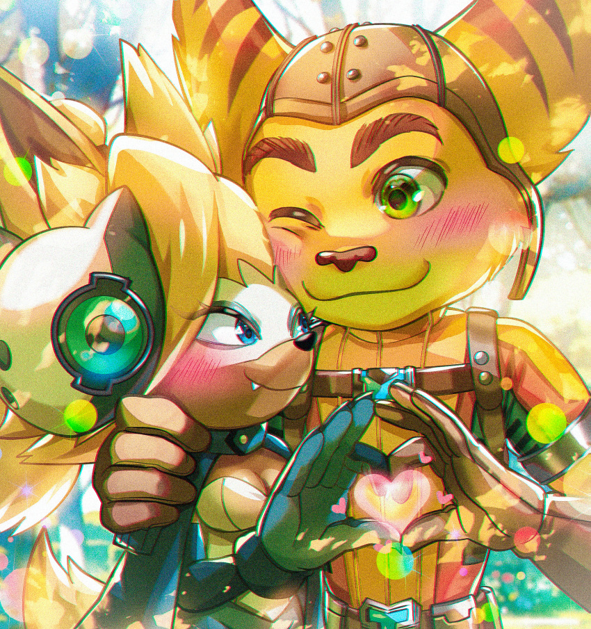 &lt;3 anthro blush breasts canid canine canis cleavage clothed clothing crossover duo ekm_ekm_ekm embrace fangs female gloves green_eyes handwear happy heart_(marking) hi_res hug idw_publishing kemono lombax male male/female mammal one_eye_closed playstation ratchet ratchet_and_clank romantic romantic_couple sega sonic_the_hedgehog_(comics) sonic_the_hedgehog_(idw) sonic_the_hedgehog_(series) sony_corporation sony_interactive_entertainment teeth whisper_the_wolf wolf