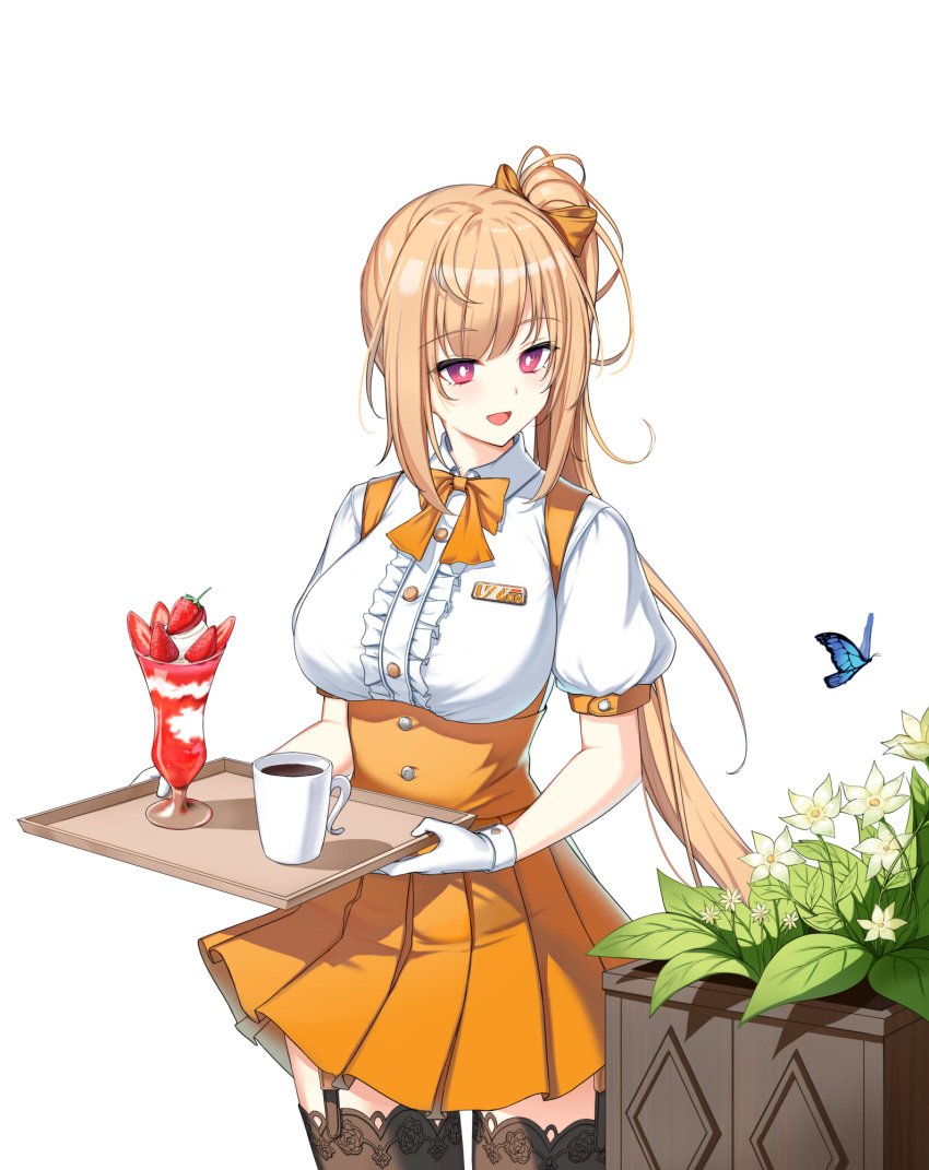 1girl :d alternate_hair_color badge blue_butterfly bow bowtie breasts bright_pupils brown_thighhighs bug butterfly center_frills closers coffee coffee_cup collared_shirt cowboy_shot cup disposable_cup drinking_glass flower flower_bed food frills fruit garter_straps gloves hair_bow high-waist_skirt highres holding holding_tray ice_cream lace-trimmed_thighhighs large_breasts long_hair looking_at_animal miniskirt mirae_(closers) official_art orange_bow orange_bowtie orange_hair orange_skirt pink_eyes pleated_skirt ponytail puffy_short_sleeves puffy_sleeves shirt short_sleeves skirt smile solo strawberry strawberry_slice sundae suspender_skirt suspenders thighhighs tray turning_head underboob very_long_hair waitress white_background white_gloves white_pupils white_shirt yellow_flower zettai_ryouiki
