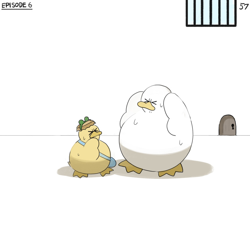 &gt;_&lt; bag bird bottle_cap diva_(hyxpk) door duck duckling frog_headband highres keyhole mouse_hole no_humans numbered original prison simple_background thinking window