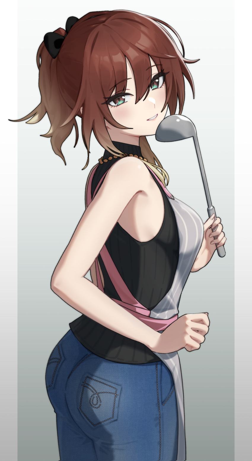 1girl 24riside absurdres aketa_mikoto apron black_sweater blush bow brown_hair commentary_request commission denim gradient_hair grey_apron hair_bow highres holding holding_ladle idolmaster idolmaster_shiny_colors jeans ladle light_brown_hair looking_at_viewer looking_to_the_side multicolored_eyes multicolored_hair pants pixiv_commission ponytail ribbed_sweater sleeveless sleeveless_sweater smile solo sweater