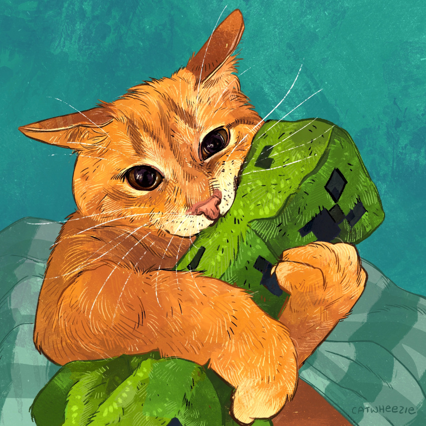 1:1 2023 4_fingers absurd_res ambiguous_gender bed_sheet bedding brown_eyes catwheezie creeper_(minecraft) domestic_cat duo embrace felid feline felis feral fingers fur green_background green_body green_skin hi_res holding_object hug icon looking_at_viewer mammal microsoft minecraft mojang orange_body orange_fur paws pink_nose plushie simple_background sitting solo teddy_bear whiskers xbox_game_studios