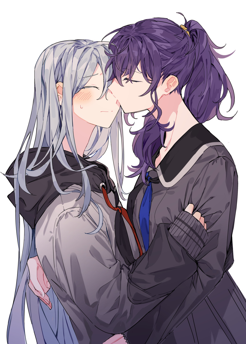 2girls absurdres asahina_mafuyu bluish_gray_cat blush closed_eyes closed_mouth clothes_grab grey_hair highres kiss kissing_nose long_hair medium_hair multiple_girls project_sekai purple_hair sweatdrop yoisaki_kanade yuri