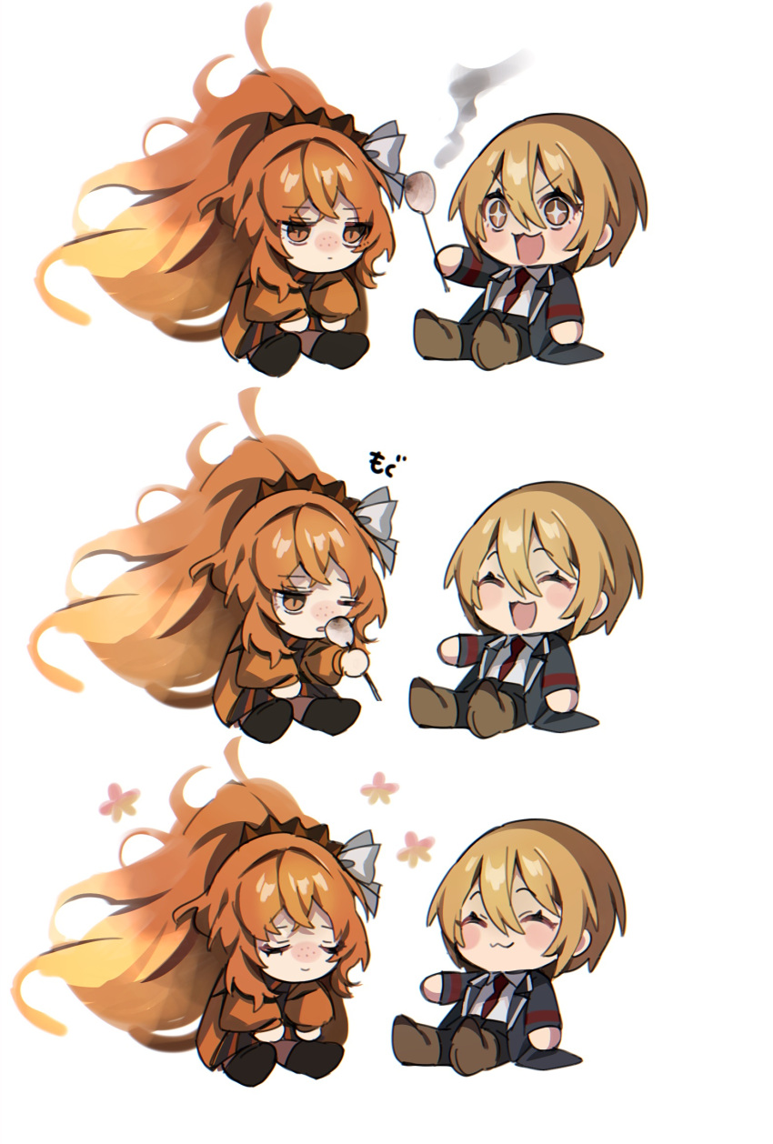 2girls black_coat black_dress blonde_hair bow chibi coat collared_shirt don_quixote_(limbus_company) dress e.g.o_(project_moon) food hair_bow happy high_ponytail highres ishmael_(limbus_company) limbus_company long_hair long_sleeves marshmallow mu46016419 multiple_girls necktie orange_eyes orange_hair project_moon red_necktie roasting shirt short_hair simple_background sitting very_long_hair white_background white_bow white_shirt yellow_eyes