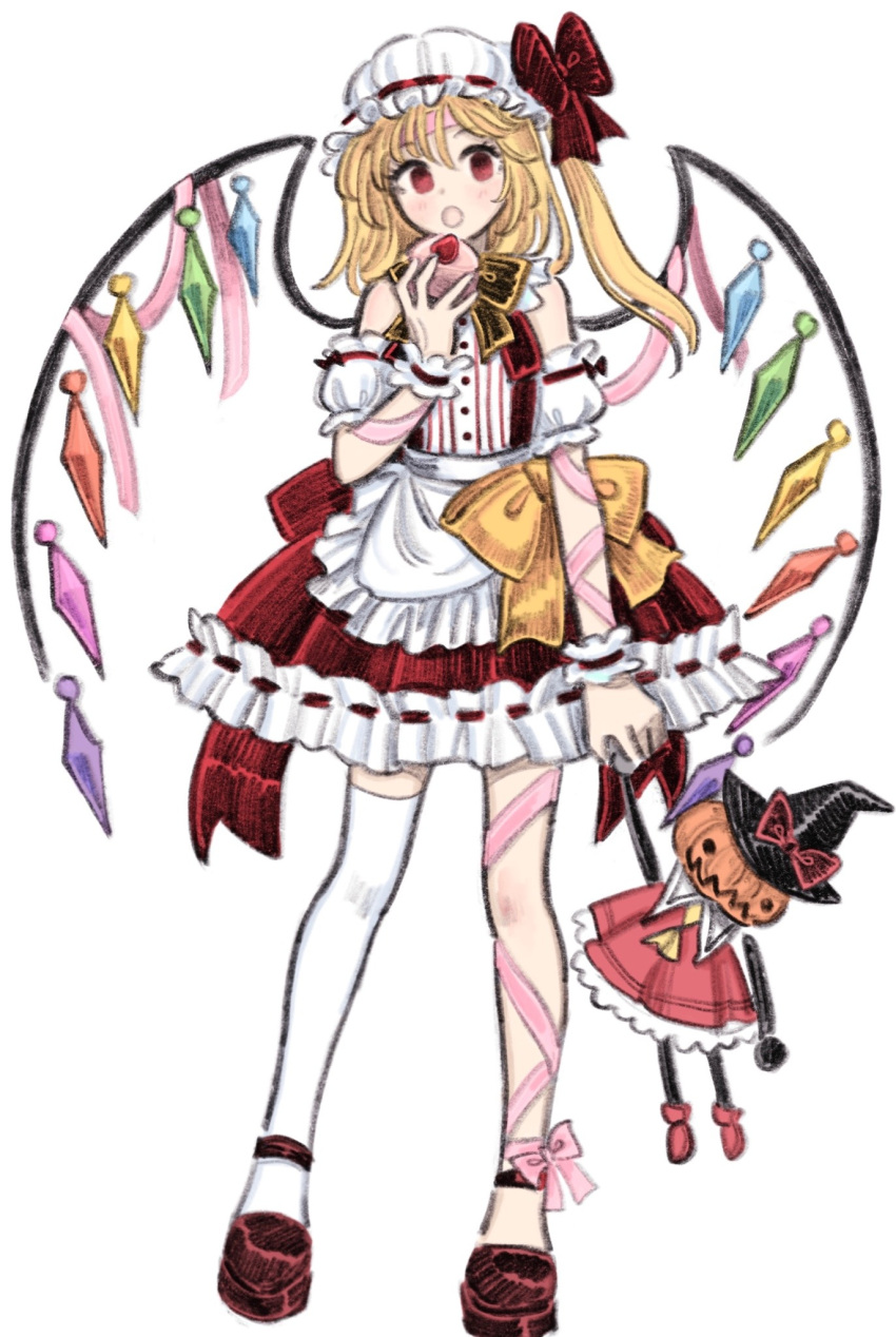 1girl adapted_costume apron arm_ribbon bare_shoulders blonde_hair commentary detached_sleeves doll dress dress_ribbon flandre_scarlet flat_chest frilled_apron frilled_dress frills full_body hat hat_ribbon highres holding holding_doll leg_ribbon mob_cap neck_ribbon one_side_up open_mouth pink_ribbon red_dress red_eyes red_footwear red_ribbon ribbon ribbon-trimmed_dress simple_background single_thighhigh solo susu_(mikufanclub) symbol-only_commentary thighhighs touhou waist_apron white_apron white_background white_thighhighs white_wrist_cuffs wings wrist_cuffs yellow_ribbon