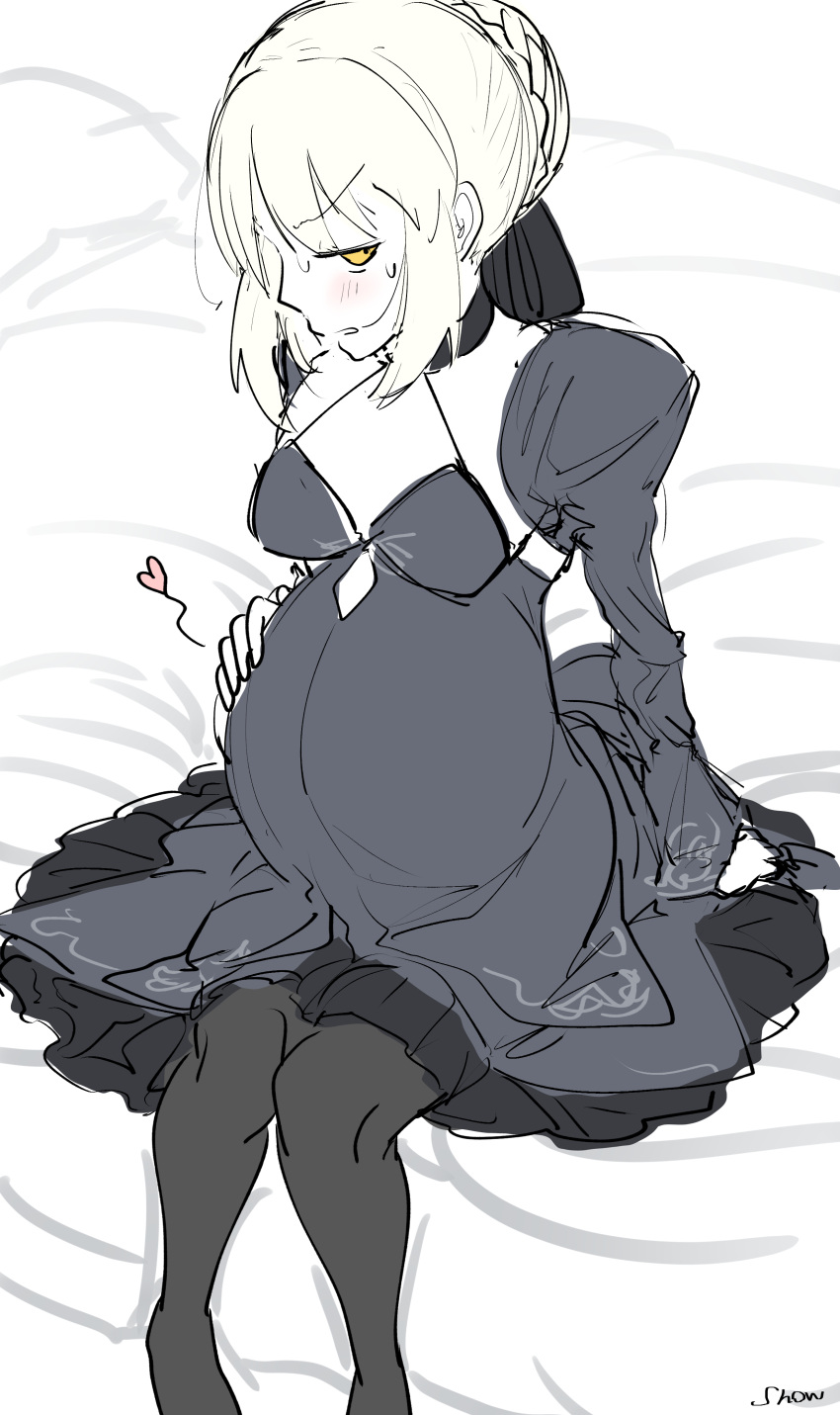 1girl absurdres artist_request artoria_pendragon_(fate) black_dress blush breasts dress fate/grand_order fate_(series) heart highres monochrome pregnant saber_alter solo tagme yellow_eyes