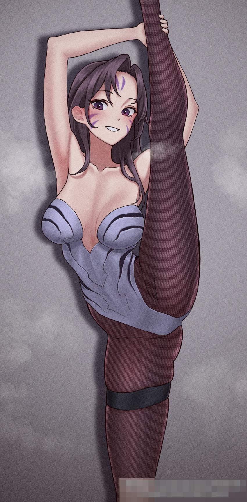 1girl absurdres bare_shoulders breasts brown_pantyhose cel_da_lin collarbone facial_mark foot_out_of_frame grey_leotard grin highres kai'sa league_of_legends leg_up leotard long_hair looking_at_viewer pantyhose parted_bangs skindentation smile solo split standing standing_on_one_leg standing_split teeth thighlet whisker_markings