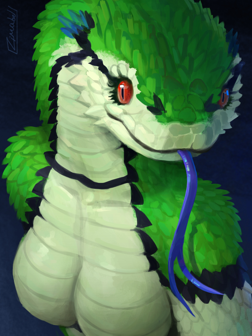 absurd_res anthro belly black_markings blue_markings blue_tongue breasts bust_portrait featureless_breasts female green_body hi_res looking_sideways markings nude portrait red_eyes reptile scales scalie snake solo tongue viper white_belly zimabel