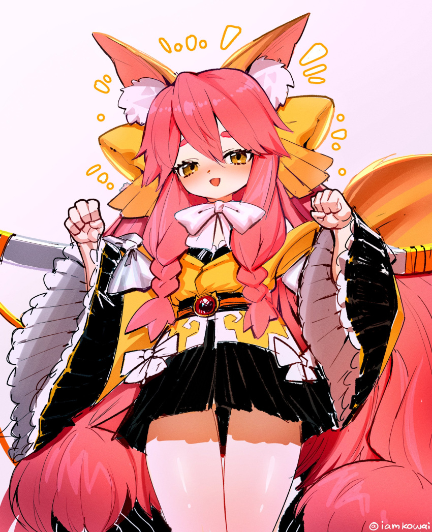 1boy 1girl absurdres animal_ears arms_up bow bowtie english_commentary fate/samurai_remnant fate_(series) fox_ears fox_girl fox_tail hair_bow highres japanese_clothes katana kimono kowai_(iamkowai) long_sleeves open_mouth pink_hair short_kimono simple_background sword tail tamamo_(fate) tamamo_aria twitter_username weapon when_you_see_it white_background white_bow white_bowtie yellow_bow yellow_eyes yellow_kimono