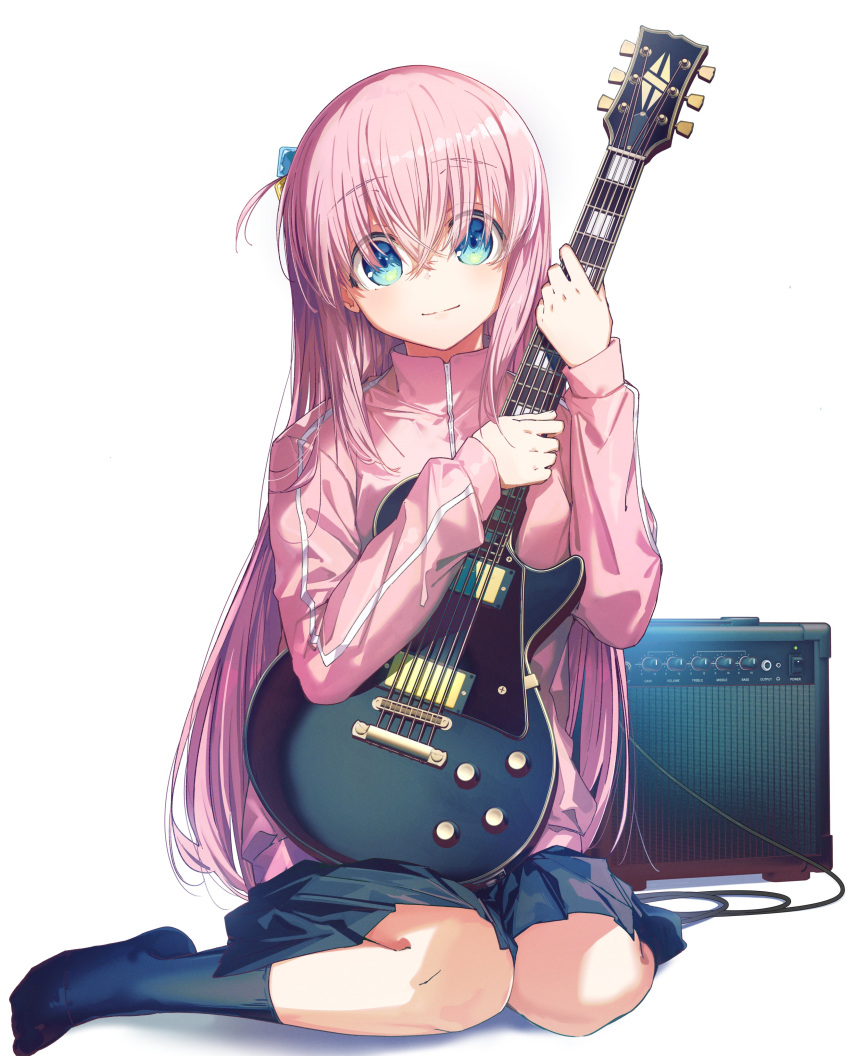 1girl absurdres amplifier black_skirt black_socks blue_eyes bocchi_the_rock! closed_mouth cube_hair_ornament electric_guitar gotoh_hitori guitar hair_between_eyes hair_ornament highres holding holding_instrument instrument jacket long_hair long_sleeves looking_at_viewer one_side_up pink_hair pink_jacket pleated_skirt simple_background skirt smile socks solo track_jacket white_background yoru_kiri