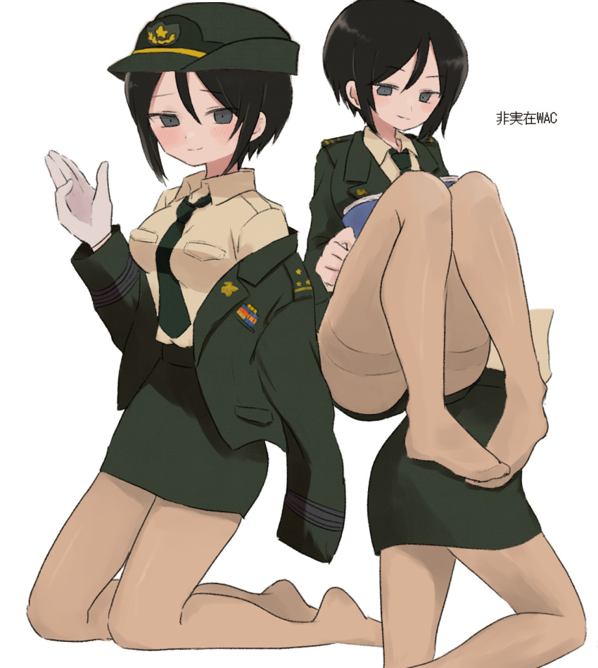 1girl black_eyes black_hair black_necktie book brown_shirt chouno_ami commentary dress_shirt female_service_cap girls_und_panzer gloves green_headwear green_jacket green_skirt grey_pantyhose hat highres holding holding_book jacket japan_ground_self-defense_force japan_self-defense_force kneeling long_sleeves military military_hat military_uniform miniskirt multiple_views necktie off_shoulder open_clothes open_jacket pantyhose pencil_skirt reading ri_(qrcode) shirt short_hair sitting skirt swept_bangs translated uniform waving white_gloves wing_collar