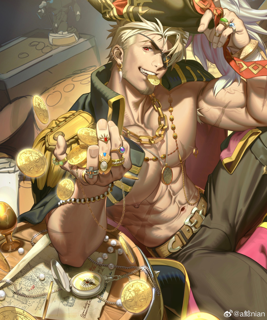 1boy abs absurdres bara bara_pirate bare_pectorals beard blonde_hair bulge chiizu_namasu coat coat_on_shoulders coin eyepatch facial_hair feet_out_of_frame from_above gold_coin hat highres large_pectorals male_focus mature_male mouth_hold muscular muscular_male navel nipples original pants pectorals pirate pirate_hat red_eyes rich scar scar_on_chest short_hair smile thick_eyebrows throwing_money veins veiny_arms