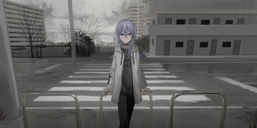 1girl bare_tree black_choker black_nails black_pants blue_eyes blue_hair building chihuri choker closed_mouth cloud cloudy_sky collarbone commentary_request crosswalk door drawstring ende_(chihuri) grey_shirt hair_between_eyes highres hood hood_down hooded_jacket jacket long_hair long_sleeves looking_at_viewer nail_polish open_clothes open_jacket original outdoors pants shirt sky smile solo tree white_jacket