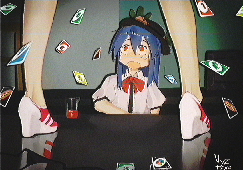 2girls black_headwear blue_hair blush bow bowtie character_request collared_shirt commentary english_commentary film_grain floating_card glass hair_between_eyes hat_ornament high_heels highres hinanawi_tenshi indoors legs long_hair looking_at_another looking_up multiple_girls nyztsune open_mouth out_of_frame puffy_short_sleeves puffy_sleeves red_bow red_bowtie red_eyes red_footwear reflection retro_artstyle shirt short_sleeves sitting touhou two-tone_footwear uno_(game) white_footwear white_shirt