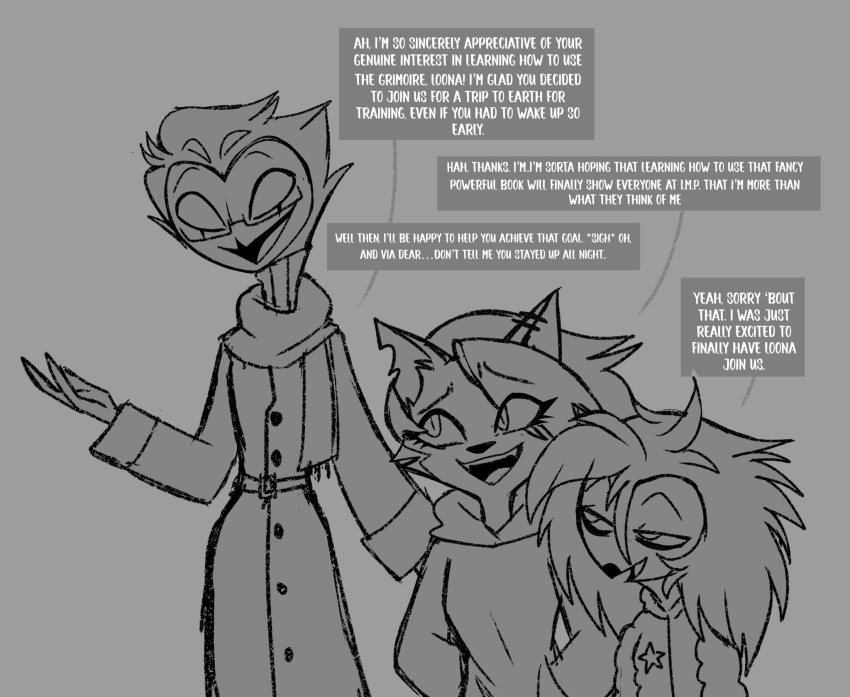 anthro avian bird canid canid_demon clothing daughter demon dialogue eyewear father father_and_child father_and_daughter female glasses grey_background group hair hellhound helluva_boss hi_res hoodie jacket long_hair loona_(helluva_boss) male mammal octavia_(helluva_boss) owl owl_demon parent parent_and_child scarf short_hair simple_background smile speech_bubble standing star stolas_(helluva_boss) teathekook text topwear trio white_text