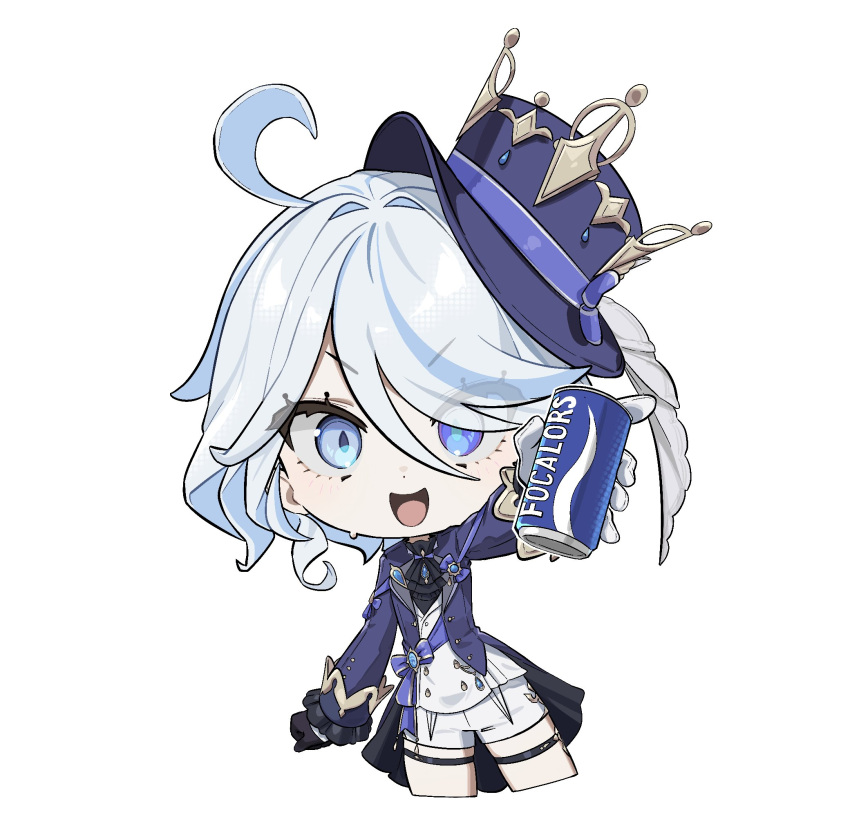 1girl ahoge ascot asymmetrical_gloves black_ascot black_gloves blue_eyes blue_headwear blush can chibi cropped_legs furina_(genshin_impact) genshin_impact gloves hair_between_eyes hat highres holding holding_can kekek long_sleeves looking_at_viewer mismatched_pupils open_mouth pocari_sweat shorts simple_background solo sweat thigh_strap top_hat white_background white_gloves white_shorts