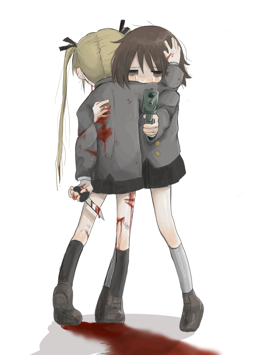 2girls aiming aiming_at_viewer black_ribbon black_skirt black_socks bleeding blonde_hair blood blood_on_clothes blood_on_knife blood_trail blush brown_eyes brown_hair bullet_hole comforting commentary_request covered_mouth crying crying_with_eyes_open cuts facing_away full_body furrowed_brow grey_jacket grey_socks gun hair_ribbon hand_on_another's_back hand_on_another's_head heel_up highres holding holding_gun holding_knife holding_weapon hug injury jacket kill_me_baby knife loafers long_hair long_sleeves messy_hair multiple_girls oribe_yasuna parted_hair pleated_skirt ribbon school_uniform shoes short_hair simple_background skirt socks sonya_(kill_me_baby) standing tears twintails weapon white_background yasashii_naizou