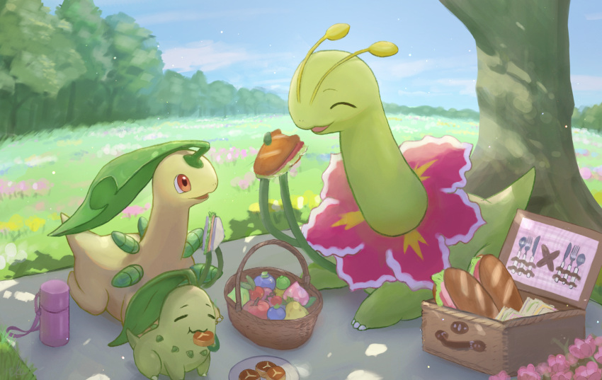 bayleef berry_(pokemon) bread chikorita commentary_request day eating evolutionary_line flower food grass highres holding meganium no_humans outdoors picnic picnic_basket pokemon pokemon_(creature) reka_(reka730) sandwich sky tree