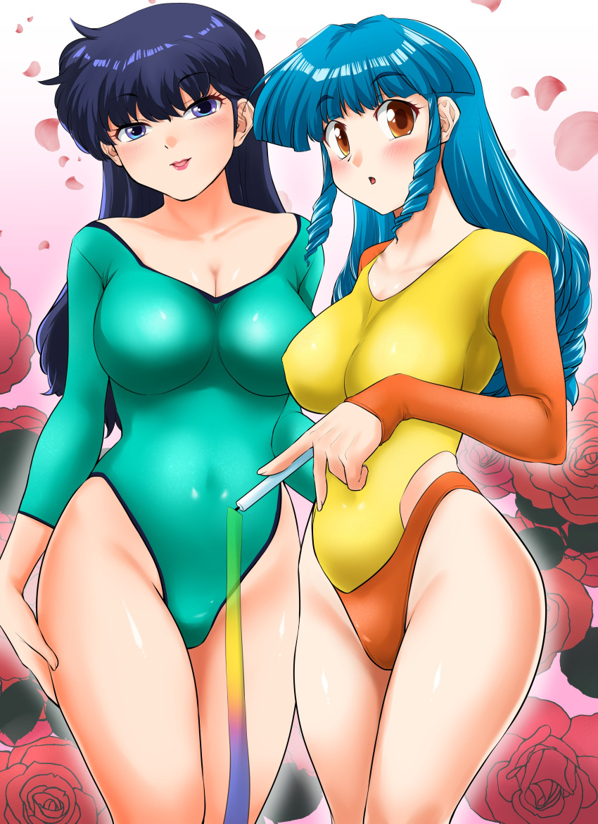 2girls absurdres asuka_120_percent athletic_leotard black_eyes black_hair blue_hair blunt_bangs breasts cleavage commentary_request commission crossover drill_hair gymnastics gymnastics_ribbon highres kunou_kodachi large_breasts leotard long_hair medium_breasts multiple_girls nanao_futaba ookubo_kumi ranma_1/2 rhythmic_gymnastics ribbon_baton skeb_commission yellow_leotard