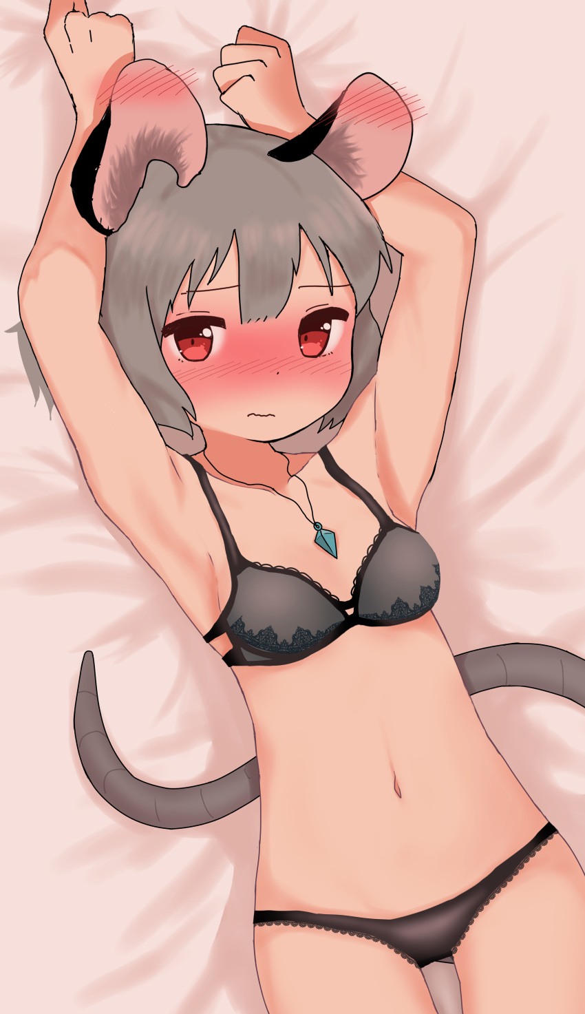 1girl absurdres animal_ears armpits arms_up black_bra black_panties blush bra breasts closed_mouth commentary_request cowboy_shot crystal ear_blush grey_hair highres jewelry kashiwa_kona looking_at_viewer lying medium_bangs mouse_ears mouse_girl mouse_tail nazrin nose_blush on_back on_bed panties pendant red_eyes short_hair small_breasts solo tail touhou underwear underwear_only wavy_mouth