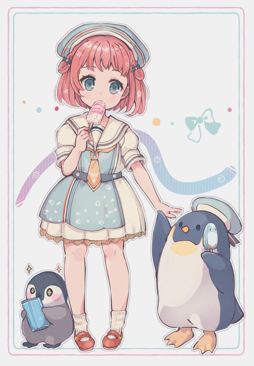 1girl absurdres baby_penguin bird blue_bow blue_eyes blush bow child dot_nose dress emperor_penguin female_child food food_in_mouth full_body hacosumi hair_bow hair_ornament hat highres holding holding_popsicle ice_cream light_blush looking_at_viewer mary_janes necktie original outline penguin popsicle popsicle_in_mouth red_footwear red_hair ribbed_socks sailor_hat school_uniform serafuku shoes short_hair short_sleeves socks solid_oval_eyes sparkle sparkling_eyes standing white_background white_outline white_socks yellow_necktie