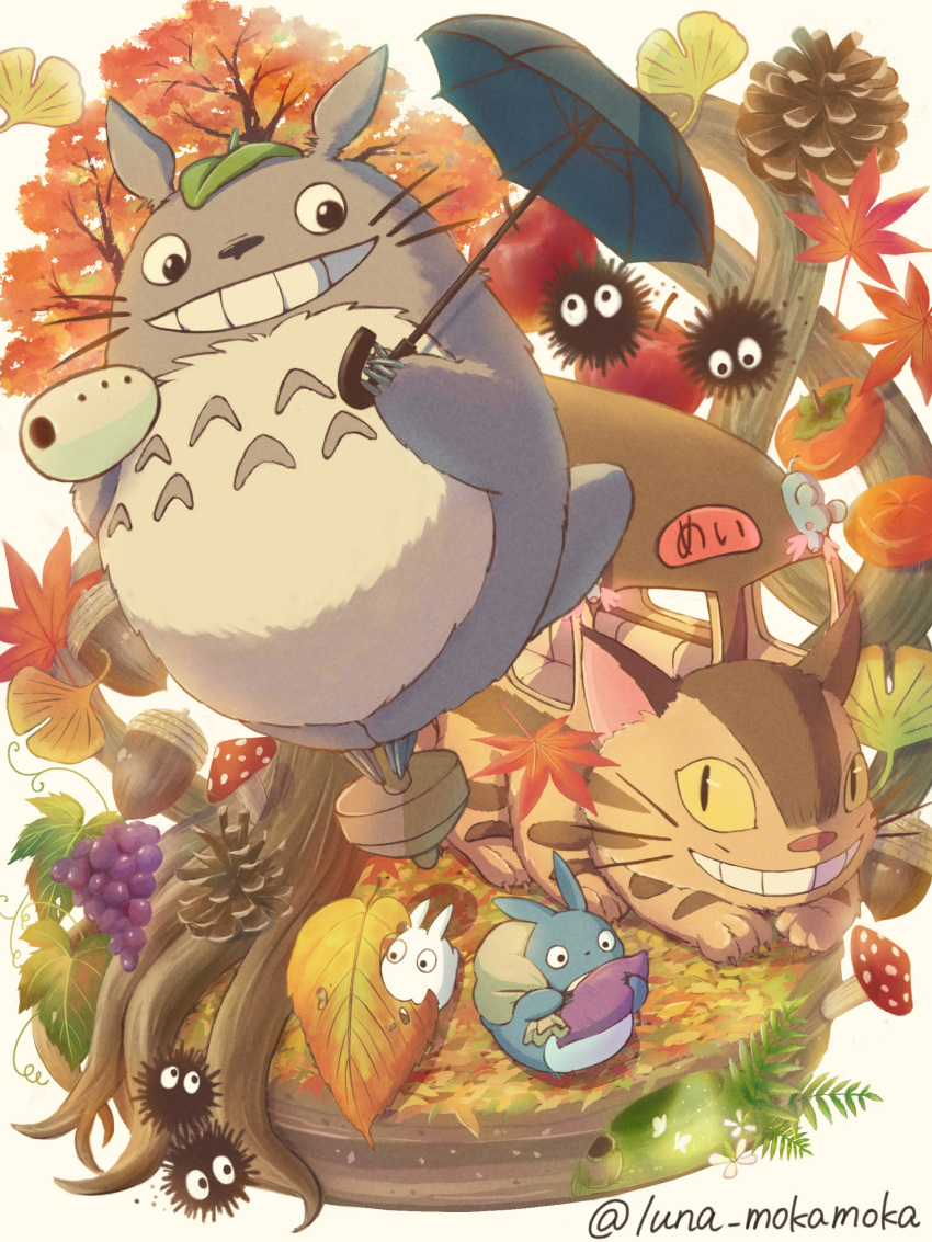 absurdres acorn animal_focus apple autumn autumn_leaves cat character_request commentary_request food fruit grapes grin highres holding holding_umbrella leaf leaf_on_head looking_at_another luna_mokamoka maple_leaf mouse mushroom no_humans partial_commentary pinecone scenery smile studio_ghibli teeth tomato tonari_no_totoro totoro tree twitter_username umbrella whiskers