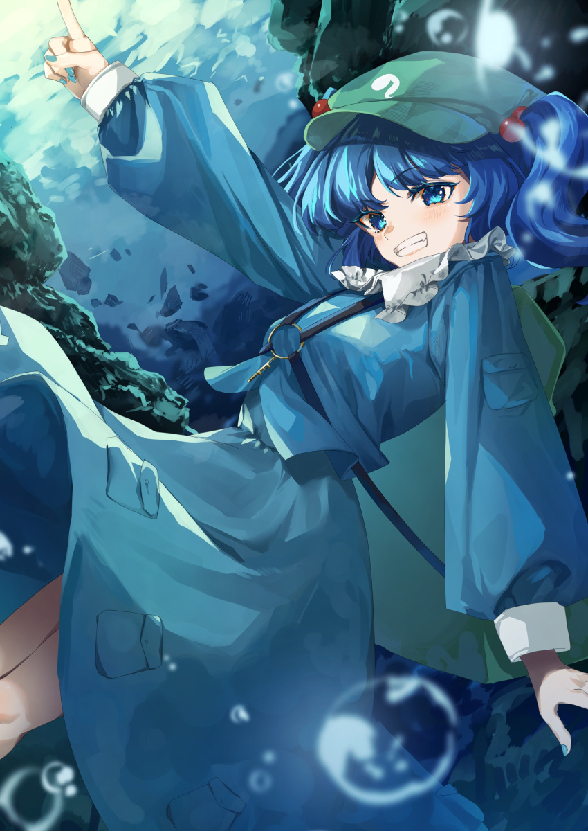 1girl absurdres air_bubble backpack bag blue_eyes blue_hair blue_nails blue_shirt blue_skirt bubble collared_shirt fingernails flat_cap frilled_shirt_collar frills green_headwear hair_bobbles hair_ornament hat highres kawashiro_nitori key long_sleeves maguri_rei medium_hair nail_polish shirt skirt solo touhou two_side_up underwater