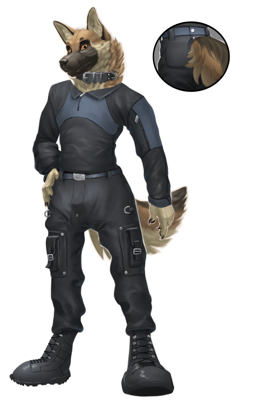 anthro athletic belt black_body black_bottomwear black_clothing black_fur black_nose black_pants black_shirt black_topwear boots bottomwear brown_body brown_eyes brown_fur canid canine canis cargo_pants clawed_fingers claws clothed clothing collar combat_boots combat_shirt cutaway digitigrade digitigrade_boots domestic_dog dsw7 footwear fully_clothed fur german_shepherd herding_dog hi_res krieg_gsd leather_collar long_sleeves looking_at_viewer male mammal pants pastoral_dog shirt solo tail tan_body tan_fur topwear