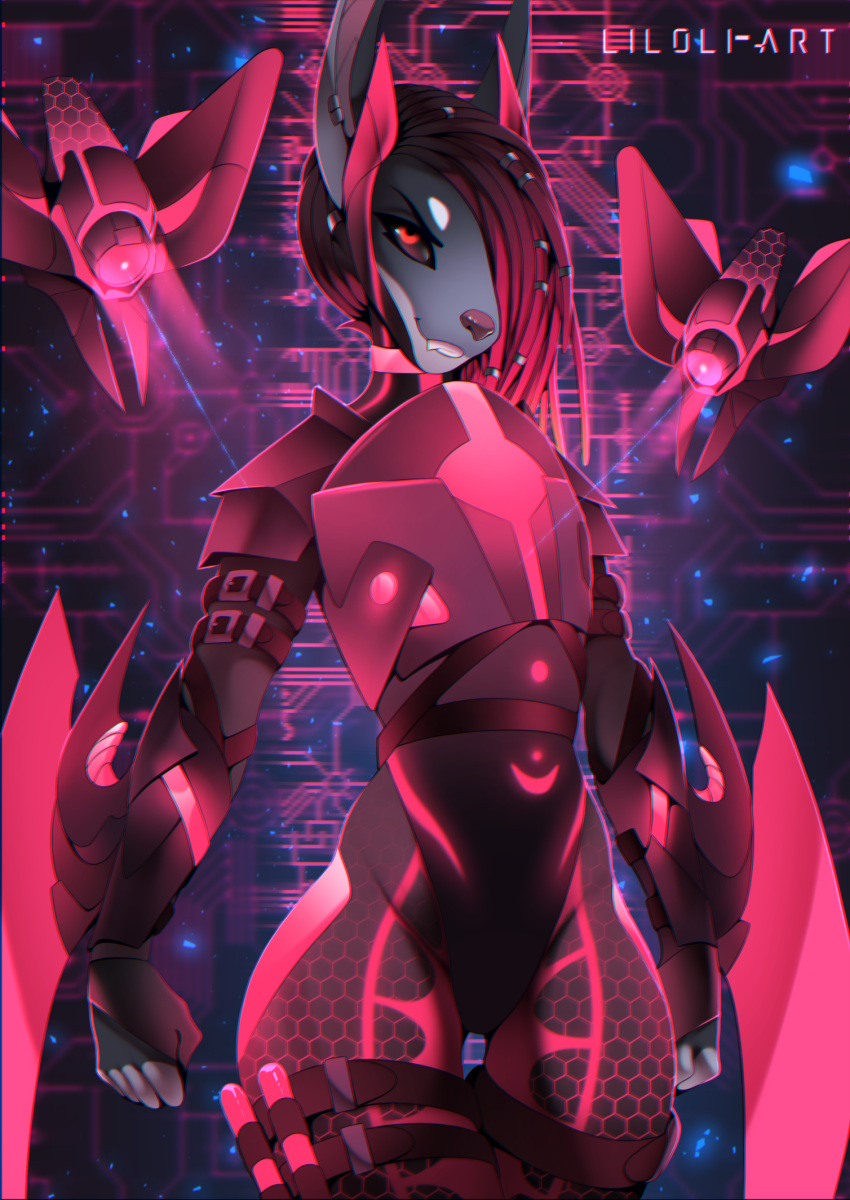 acrador anthro bodysuit clothing drone female glowing hair hexagon hi_res hunter liloli_(artist) machine melee_weapon neon pink_clothing red_eyes red_hair robot skinsuit smile smirk sokolovo solo spacesuit tight_clothing weapon