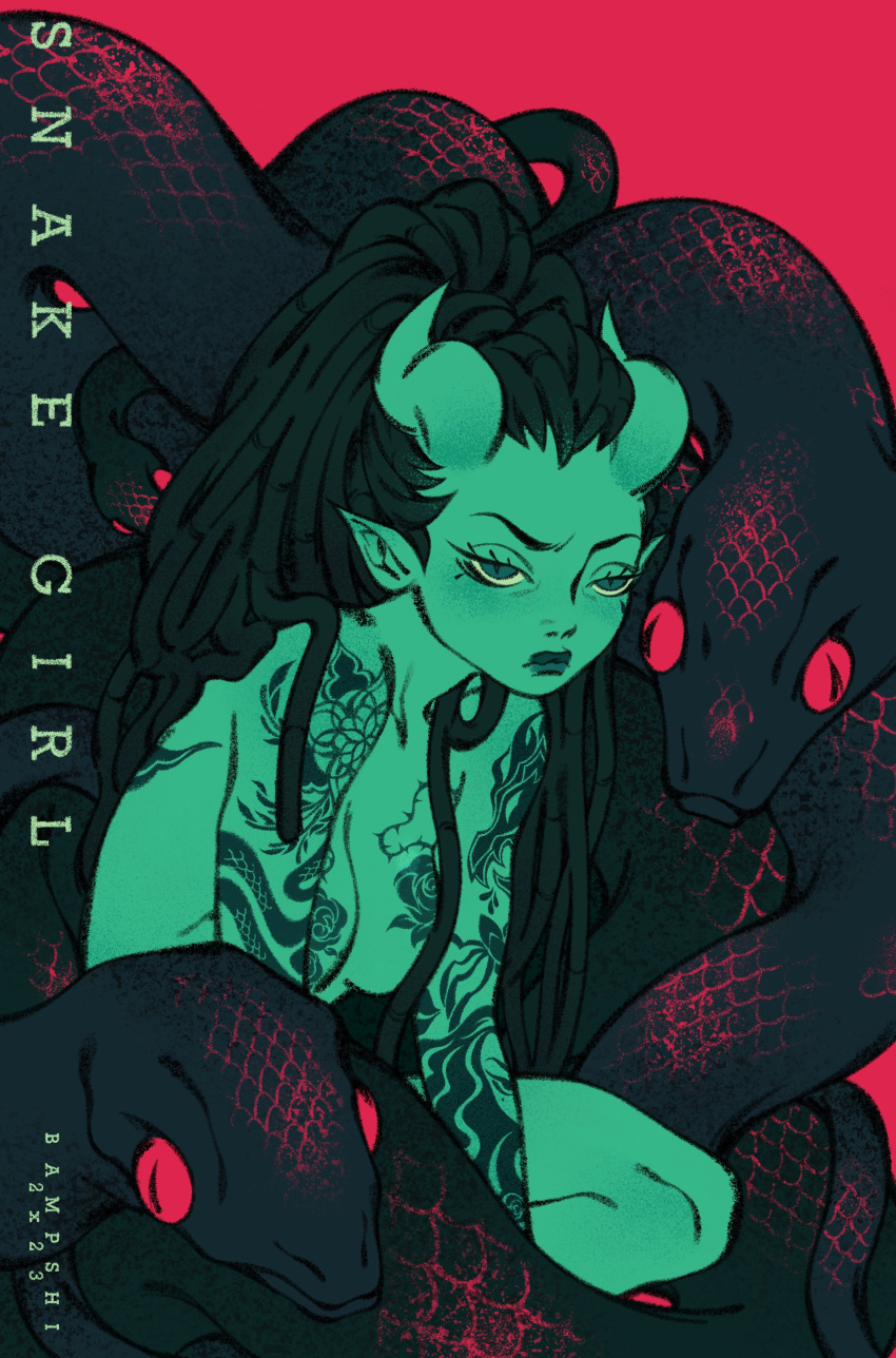 1girl absurdres animal artist_name character_name colored_skin dated demon_horns dreadlocks green_skin hair_censor highres horns looking_to_the_side original pointy_ears priscilla_(bampshi) red_background snake snake_girl solo squatting tattoo