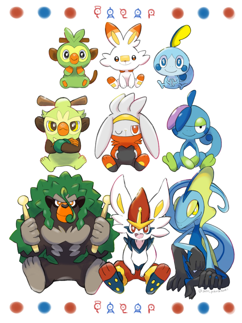 2022 ambiguous_gender anthro blue_body blue_eyes blue_skin cinderace drizzile evolutionary_family feral front_view fur generation_8_pokemon green_body green_fur grookey group hi_res inteleon looking_at_viewer nintendo pokemon pokemon_(species) raboot red_eyes rillaboom saki_pokeoekaki scorbunny simple_background sitting smile sobble starter_trio thwackey trio white_background white_body white_fur yellow_eyes