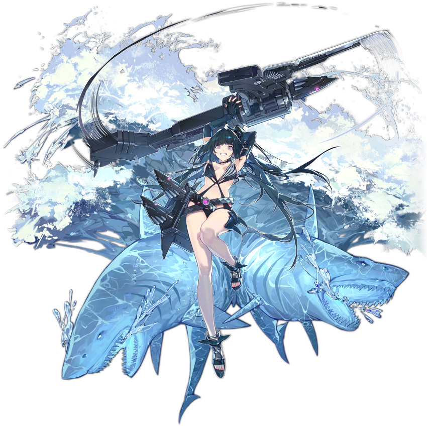 1girl animal architect_(girls'_frontline) architect_(nvw_model)_(girls'_frontline) armpits arms_up asymmetrical_gloves bare_legs black_choker black_gloves black_hair black_one-piece_swimsuit breasts bright_pupils casual_one-piece_swimsuit choker elbow_gloves fingerless_gloves fingernails fins full_body gills girls'_frontline gloves grin gunlance hair_ornament highres hip_armor holding holding_rocket_launcher holding_weapon large_breasts long_hair motion_lines nail_polish navel no_socks official_art one-piece_swimsuit one_side_up pink_eyes pink_nails platform_footwear ringed_eyes rocket_launcher sangvis_ferri shark sharp_teeth smile solo splashing swimsuit teeth third-party_source toenail_polish toenails toes transparent_background transparent_footwear v-shaped_eyebrows very_long_hair water water_elemental weapon white_pupils xiao_qiang_sang