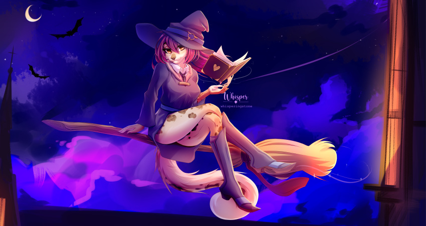 absurd_res anthro broom broom_riding cleaning_tool clothing domestic_cat felid feline felis female hat headgear headwear hi_res magic_user mammal pantherine slim snow_leopard solo solo_focus whisperingstone witch witch_costume witch_hat