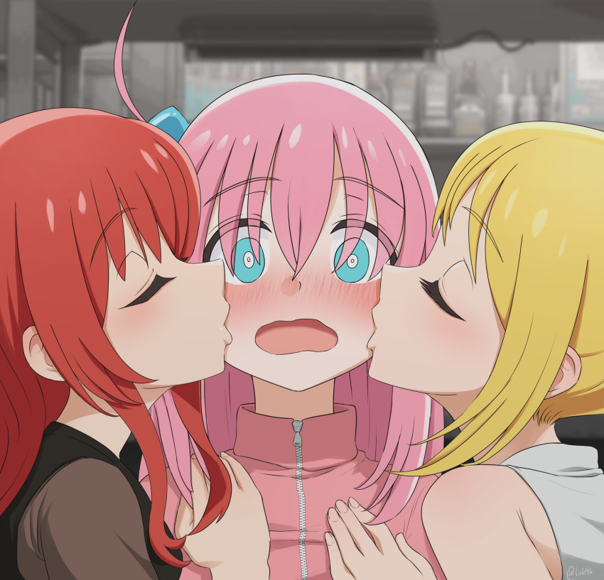 3girls bare_shoulders blonde_hair blue_eyes blurry blurry_background blush bocchi_the_rock! bright_pupils casual closed_eyes closed_mouth commentary cube_hair_ornament embarrassed eyes_visible_through_hair fingernails full-face_blush gotou_hitori hair_between_eyes hair_ornament hand_on_another's_chest highres ijichi_nijika indoors jacket kiss kita_ikuyo lips long_hair luizhtx multiple_girls nose one_side_up open_mouth pink_hair pink_jacket profile red_hair sidelocks straight_hair surprised twitter_username upper_body wavy_mouth white_pupils wide-eyed yuri