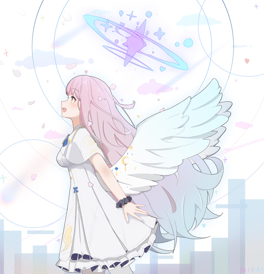 1girl :d absurdres angel_wings blue_archive blunt_bangs capelet commentary_request dress dsfr facing_away feathered_wings frilled_dress frills from_side gradient_hair halo highres long_hair looking_away looking_up mika_(blue_archive) multicolored_hair pantyhose pink_hair sidelocks simple_background smile solo two-tone_hair white_background white_capelet white_dress white_pantyhose white_wings wings wrist_cuffs yellow_eyes